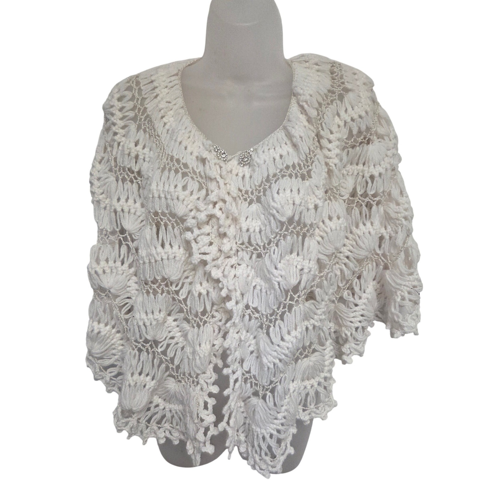 Handmade White Crochet Shawl Wrap Butterfly Sleeve Beaded Closure Vintage